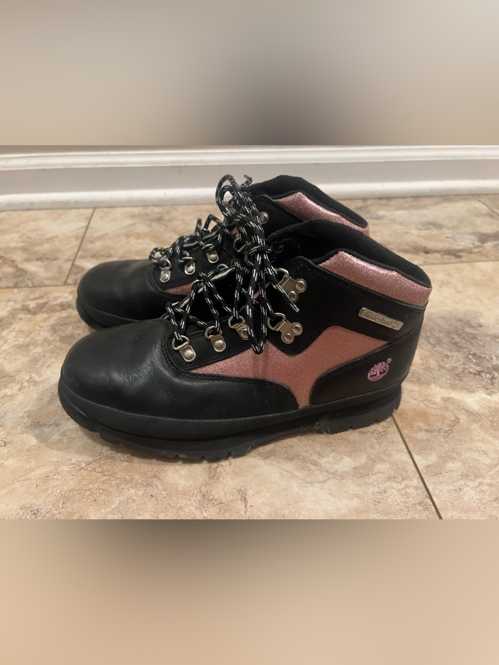 Timberland - Black and Pink Glitter Lace-Up Boots